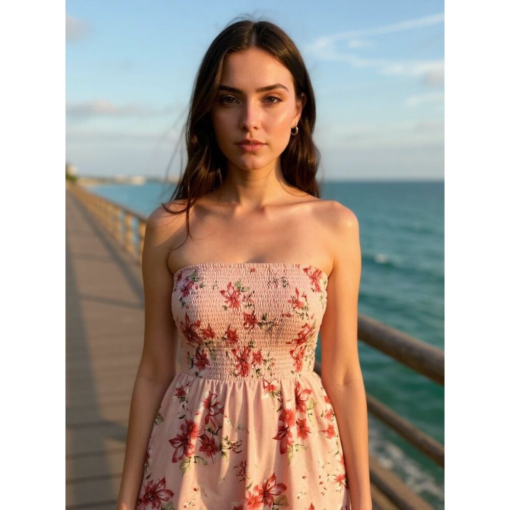 Strapless Pink Floral Smocked Top Dress With Elastic Shirred Bodice & Flowing Sk